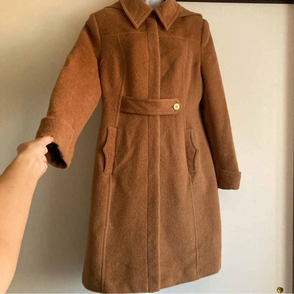 Vintage SanDino Moda Mohair Alpaca & Wool Blend Camel Coat Removable Hood Sz 42